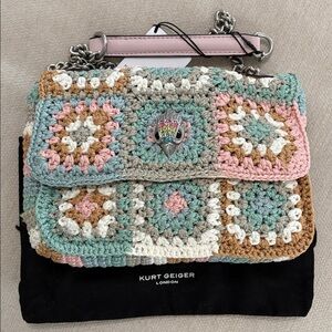 KURT GEIGER Kensington small crochet crossbody bag pastel blue pink